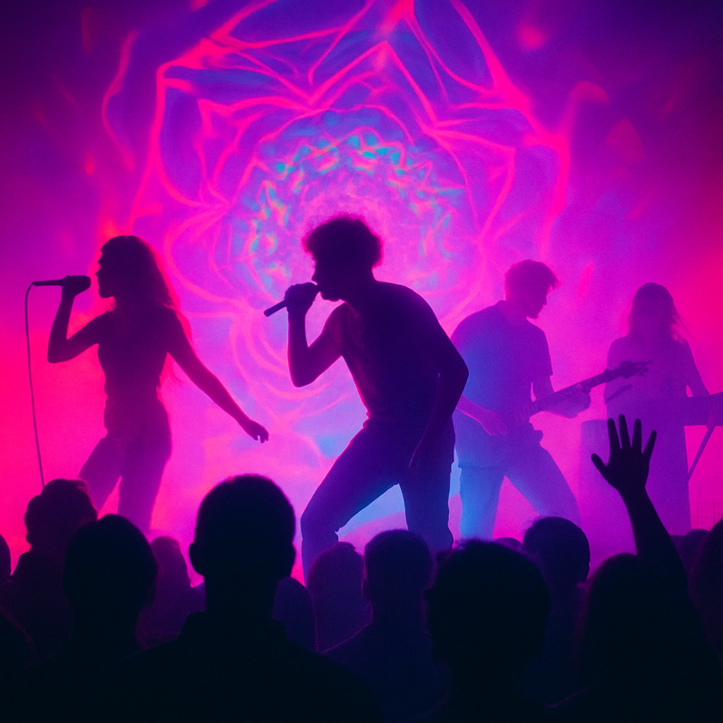 Hero: kaleidoscopic live-performance collage with neon crowd