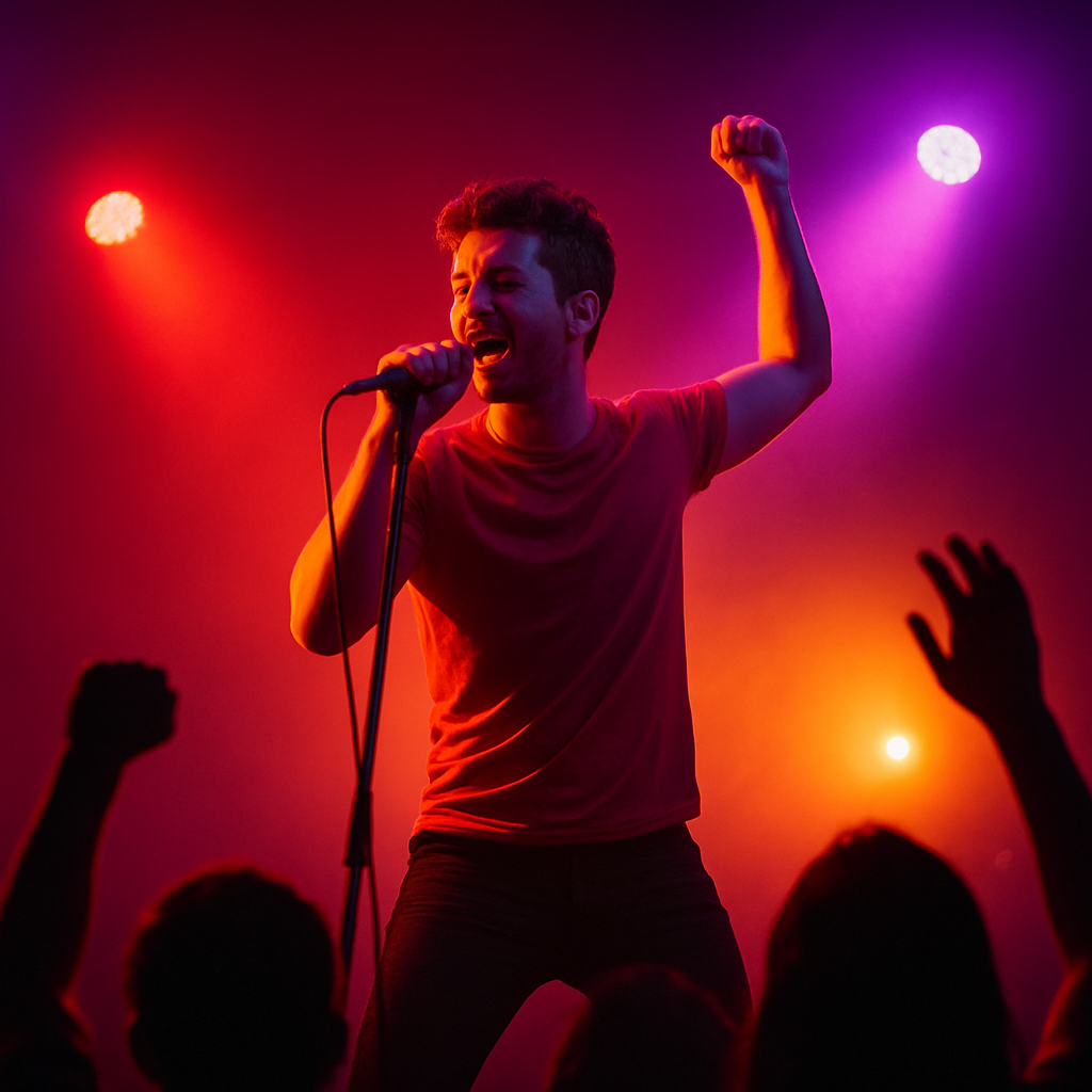 Gallery tile: performer with neon set and crowd silhouette